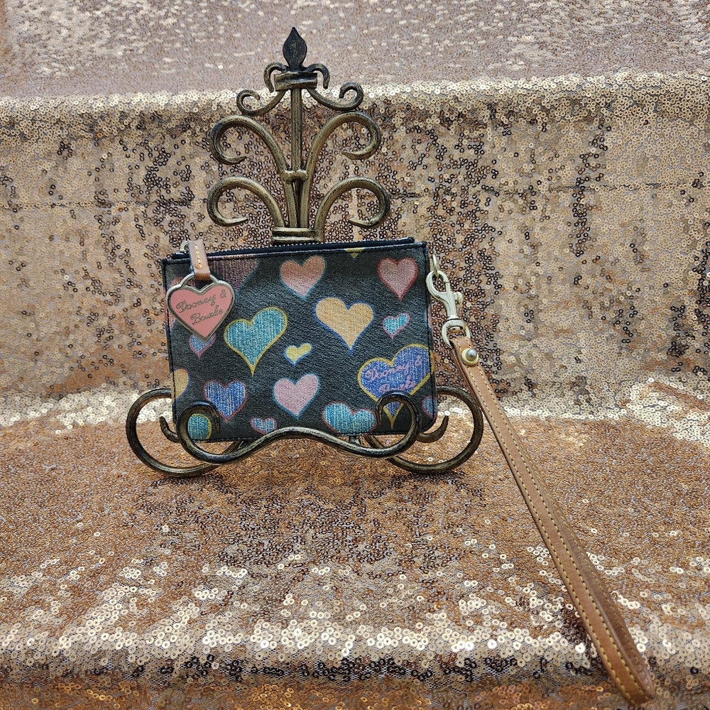 Dooney & Bourke Vintage Black Allover Multicolored Hearts Wristlet
